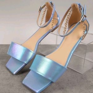 Blue ankle strap square toe Chain Detail flat sandals